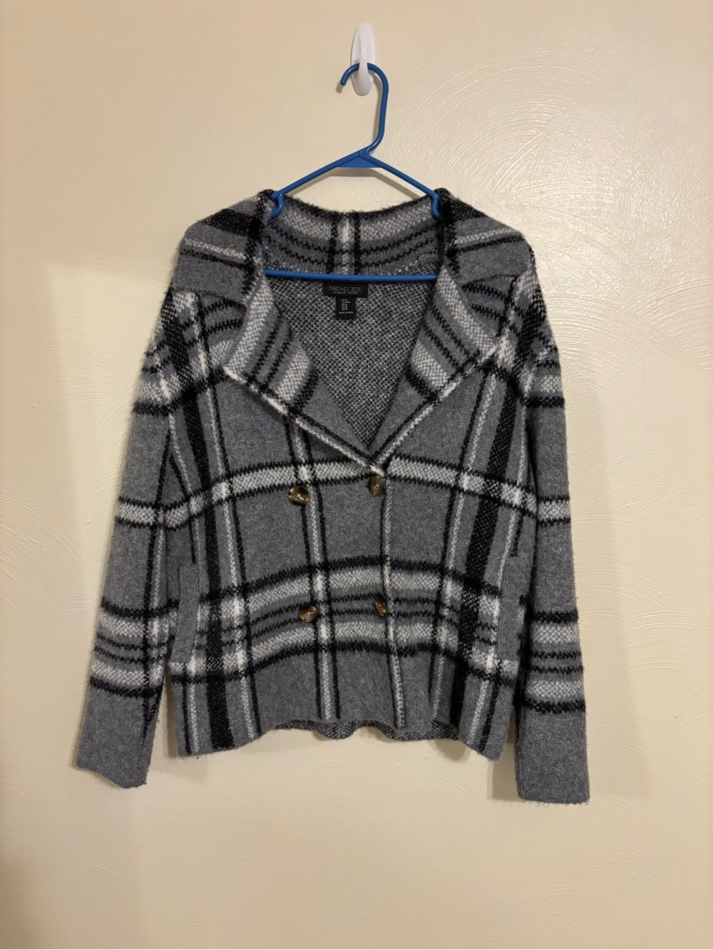 Rachel Zoe Plaid Sweater Jacket Women’s M Gray Black Double Breasted